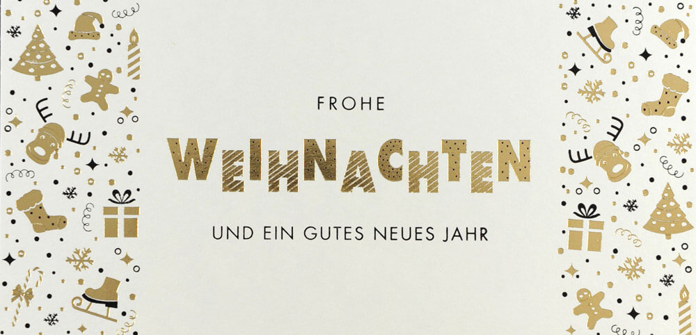 Cremefarbene Weihnachtskarte in DIN lang mit Goldfolienprägung Gruß und Weihnachtsmotive