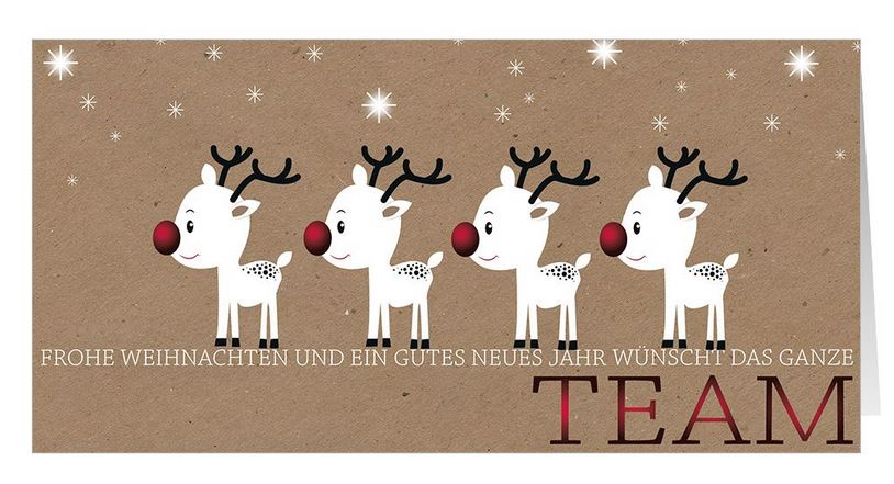 Braune Weihnachtskarte für Firmen im lustigen Stil mit Grüßen vom ganzen Team und Rentieren