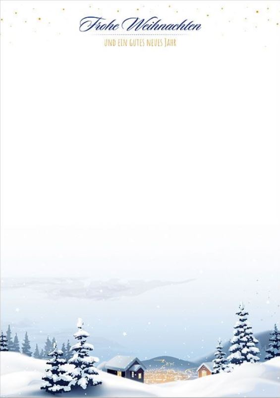 Weihnachtliches Briefpapier mit Weihnachtsgruß und verschneiter Winterlandschaft in den Bergen