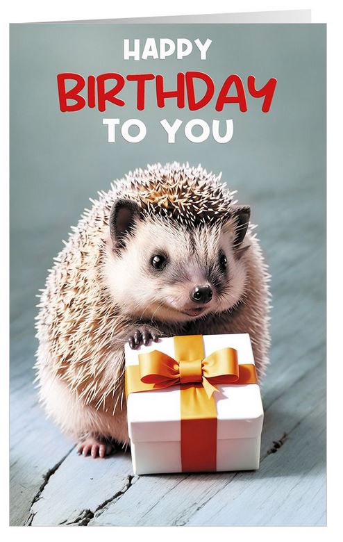 Süße Glückwunschkarte zum Geburtstag mit "Happy Birthday to you", kleinem Igel und Geschenk