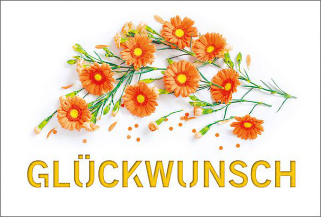 Sommerliche Glückwunschkarte mit orangefarbenen Gerberas und "Glückwunsch", Einleger gelb