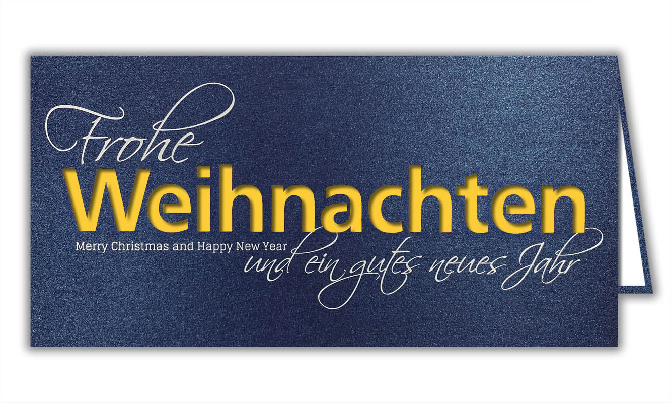 Dunkelblaue Weihnachtskarte mit weißem Schriftzug und gelb-/weißem Einlegeblaatt