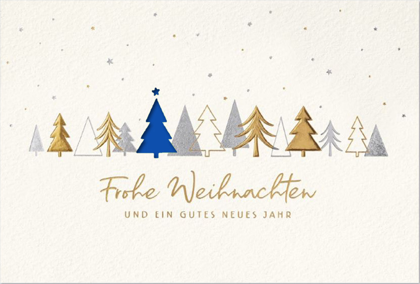 Weiße Weihnachtskarte mit Folienprägung gold und silber, Stanzung Baum und Einleger in blau