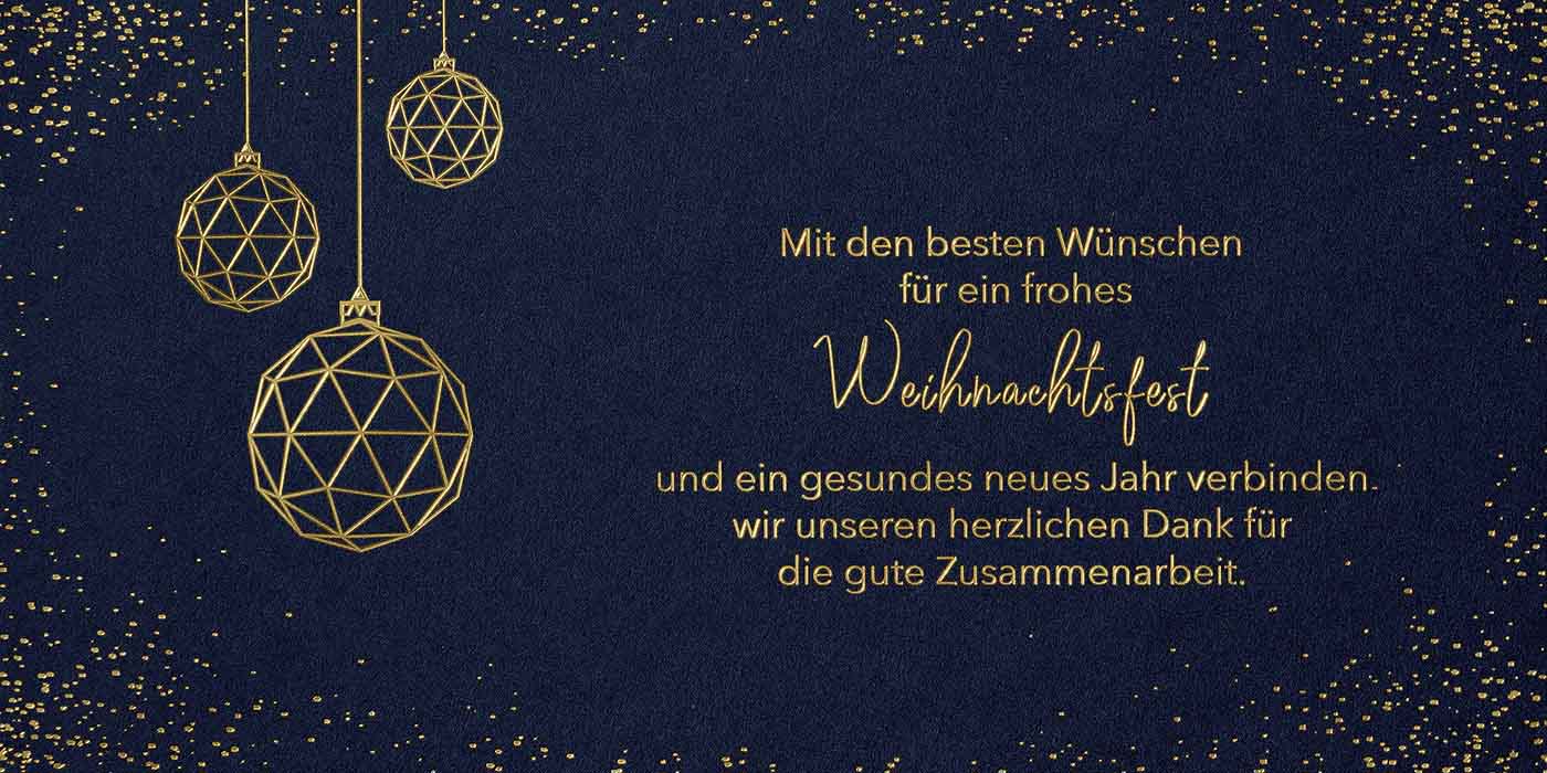 Dunkelblaue Weihnachtskarte mit modernen Christbaumkugeln und geschäftlichen Grüßen