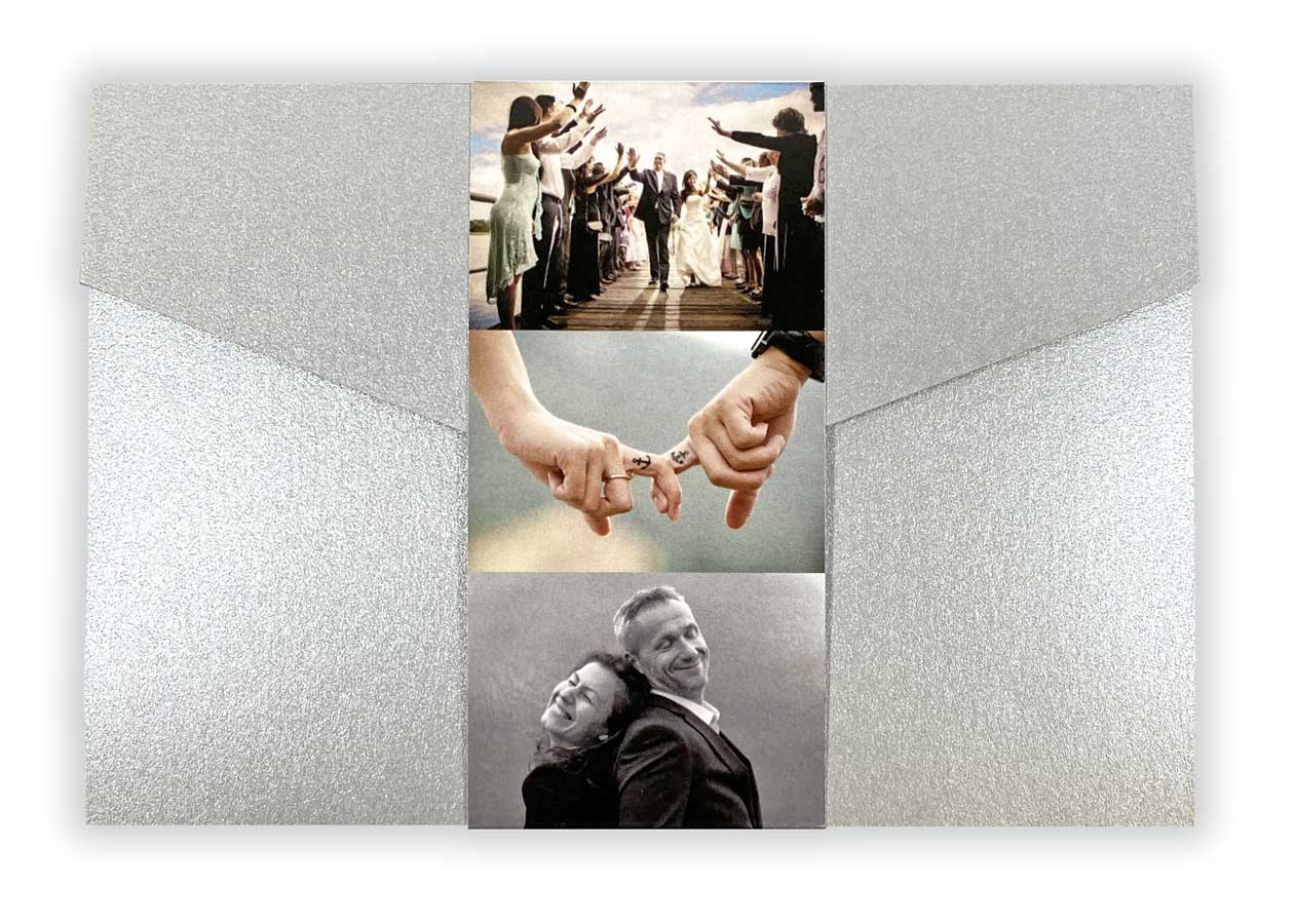 Pocketfold Silberhochzeit Einladungskarte in silber Metallic mit eigenen Fotos und mehreren Einlegekarten innen