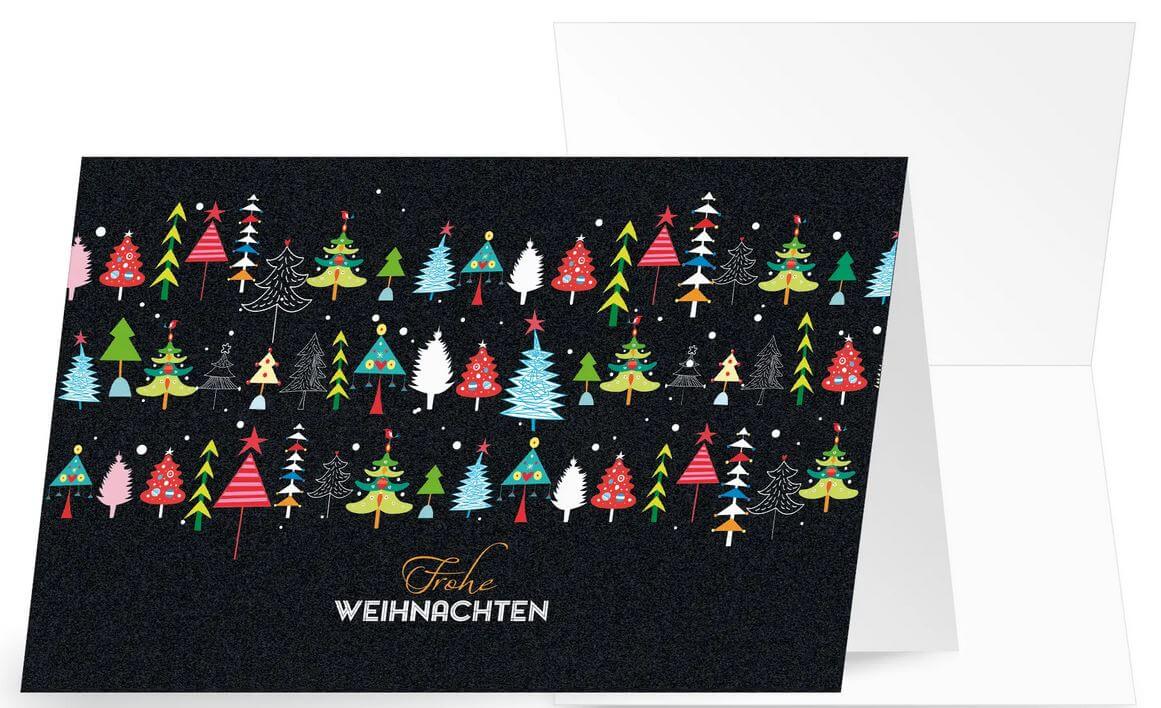 Farbenfrohe Spenden-Weihnachtskarte mit kleinen Bäumchen für Ärzte ohne Grenzen