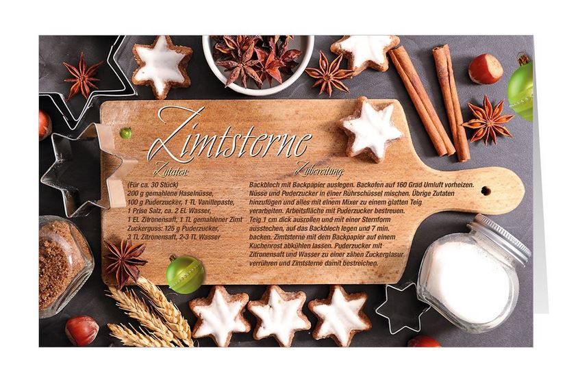 Rezept-Weihnachtskarte mit Zutatenliste und Anleitung für die Zubereitung von Zimtsternen