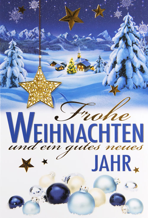 Weihanchtskarte mit Bergpanorama, Dorf, verschneiter Landschaft, Sternen, Weihnachtskugeln, ...