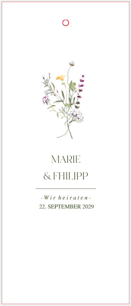 Weiße Karte mit Wildblumen, Beispielgestaltung Namendruck und Tag der Hochzeit, Seite 1