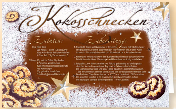 Duft-Weihnachtskarte mit Zutatenliste und Rezept für Kokosschnecken