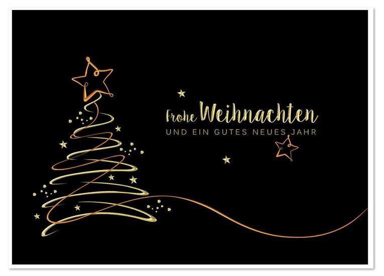 Elegante Weihnachtskarte in schwarz mit Foliendruck in rosegold und gold, inkl. Einlegeblatt weiß