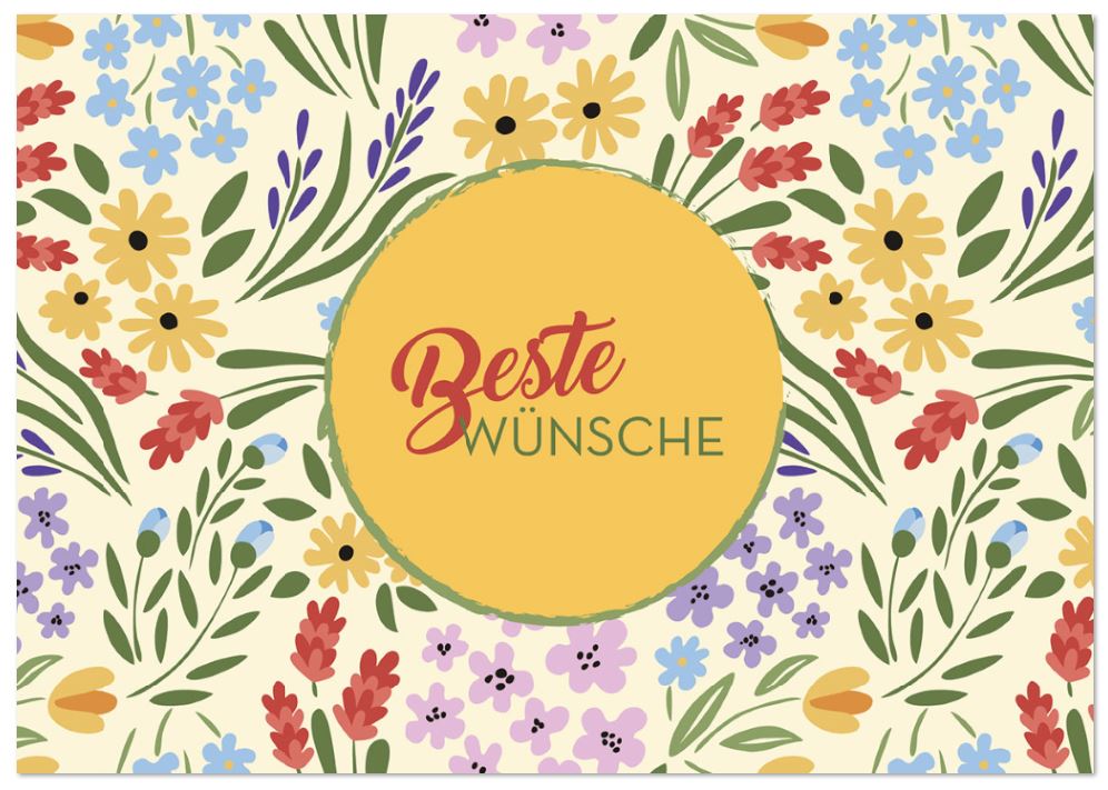 Kunterbunte Glückwunschkarte "Beste Wünsche" mit vielen Blumen in unterschiedlichen Farben