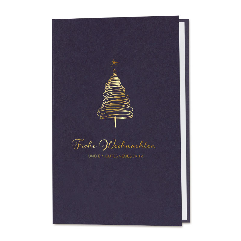 Dunkelblaue Weihnachtskarte mit goldenem Weihnachtsbaum und Gruß, inkl. Einlegeblatt innen