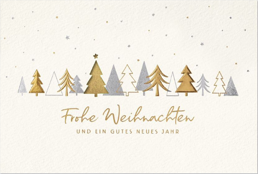 Weiße Weihnachtskarte mit Folienprägung gold und silber, Stanzung Baum und Einleger in gold