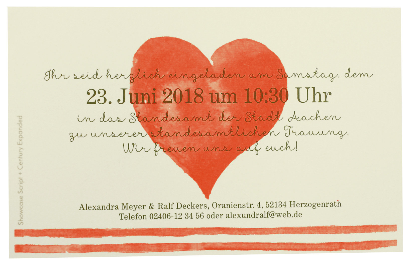 Blankokarte / Save the Date-Karte 13,5x8,5 cm creme - Beispiel mit rotem Herz