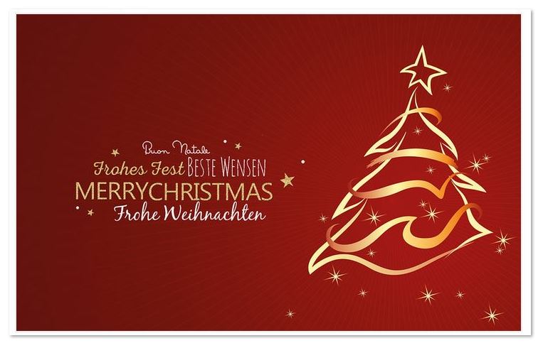 Festlicher Weihnachtsgruß in rot mit goldenem Baum, Sternen und internationalen Weihnachtsgrüßen