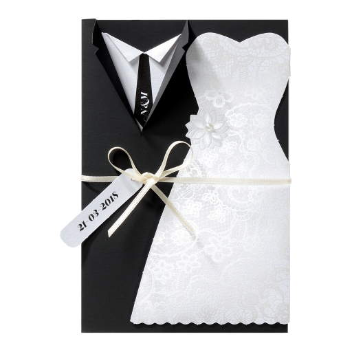 Ausgefallene Hochzeitskarte mit Smoking und Brautkleid, Perle und Band