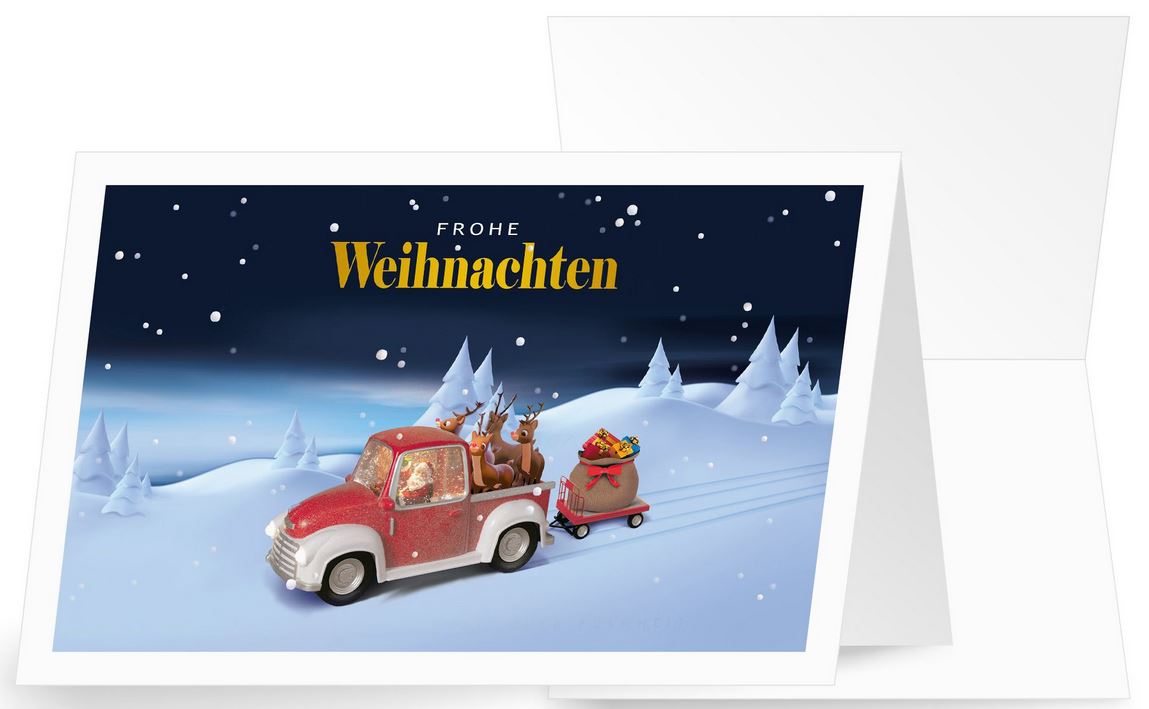 Winterliche Weihnachtskarte Weihnachtsmann im roten Pickup mit Rentieren und Geschenken