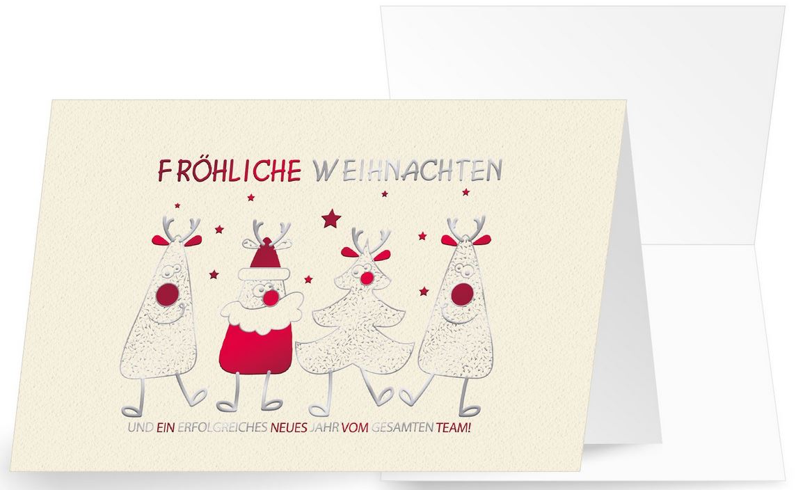 Lustige Weihnachtskarte mit Team-Weihnachtsgruß und Folienprägung in silber