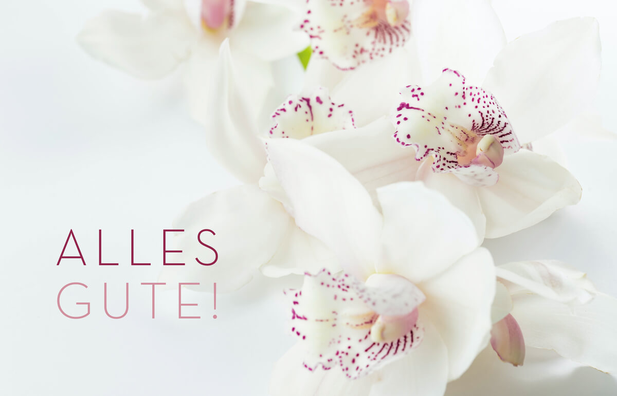 Elegante Glückwunschkarte mit weißen, gepunkteten Orchideenblüten und "Alles Gute!"