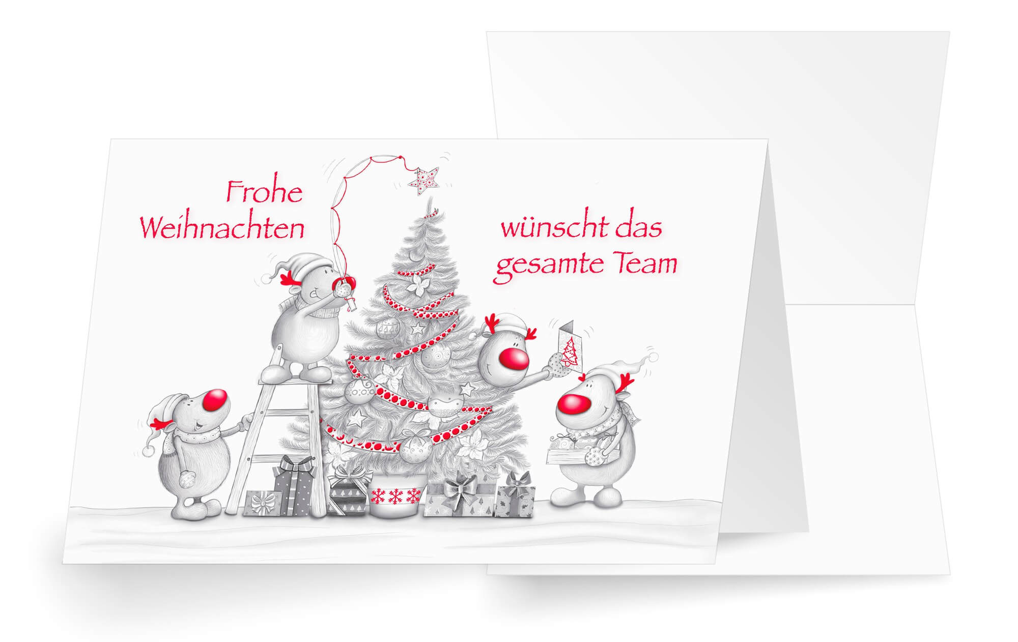 Lustige Team-Weihnachtskarte mit Grüßen vom gesamten Team und Rentieren beim Baum schmücken