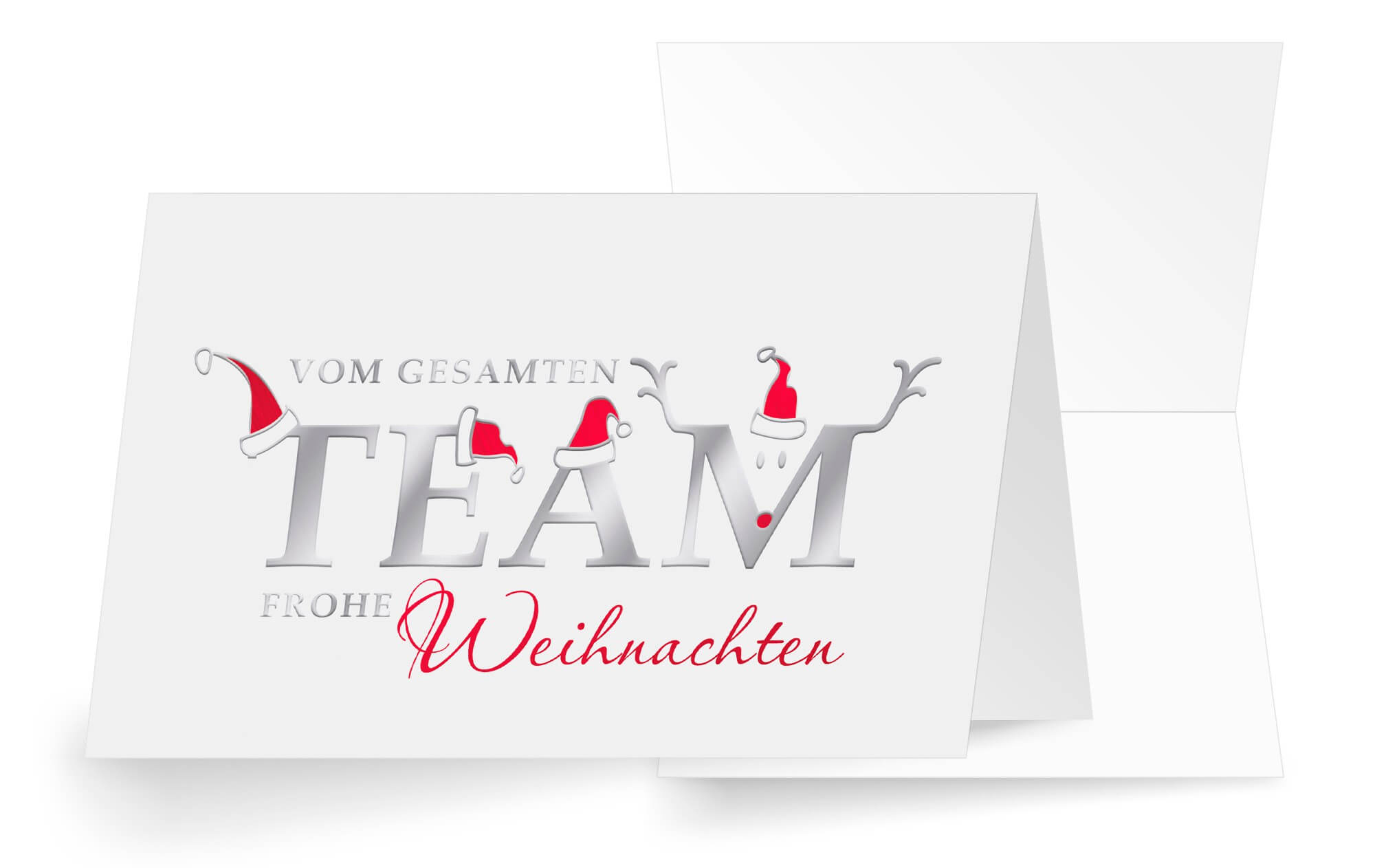 Lustige Firmenweihnachtskarte mit roten Mützen und Weihnachtsgrüßen vom gesamten Team