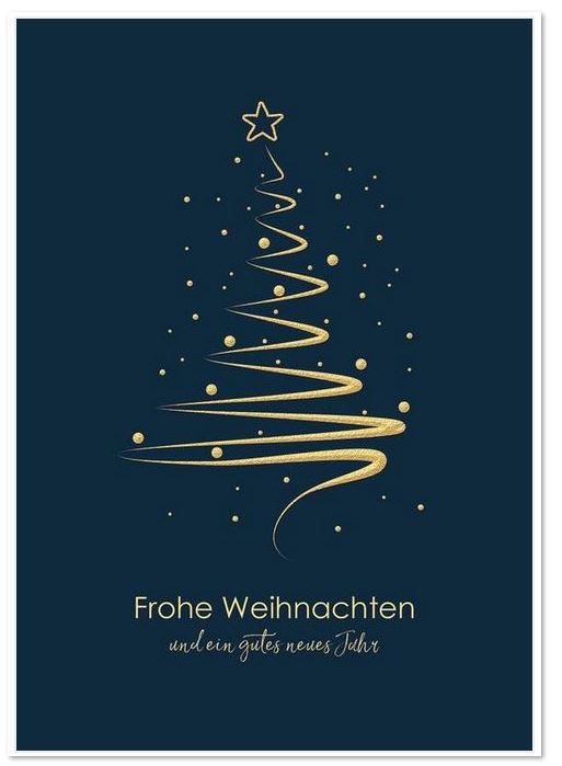 Dunkelblaue Weihnachtskarte mit goldenem Weihnachtsbaum, Stern und weihnachtlichen Grüßen