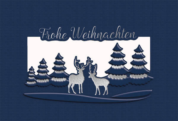 Weihnachtskarte in dunkelblau mit weißem Falteinleger und Silberfolienprägung