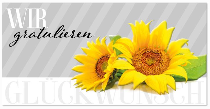 Sommerliche Glückwunschkarte mit Glückwünschen und zwei Sonnenblumen-Blüten