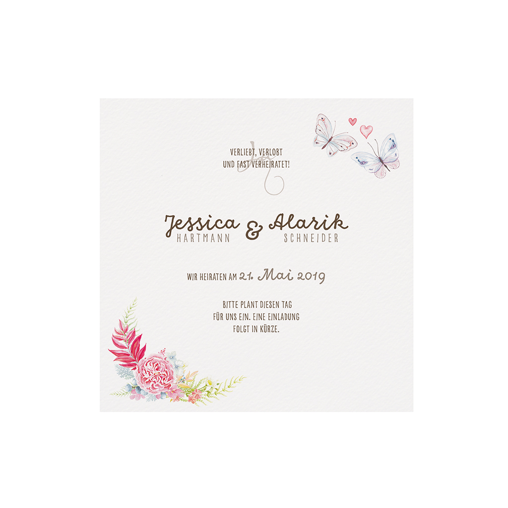 Verspielte Save-the-Date Karte im Vintage-Look mit Blumen und Schmetterlingen