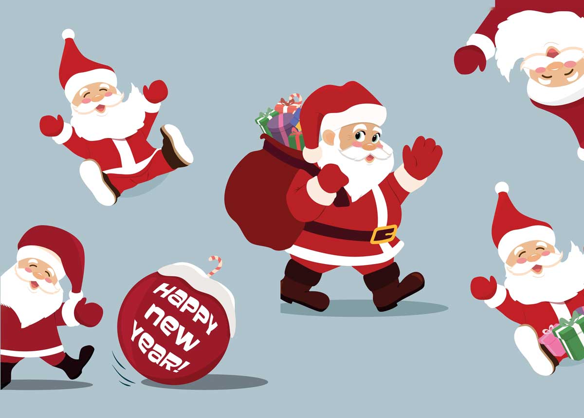 Humorvolle Neujahrskarte mit fröhlichen Weihnachtsmännern und Schriftzug "Happy New Year"