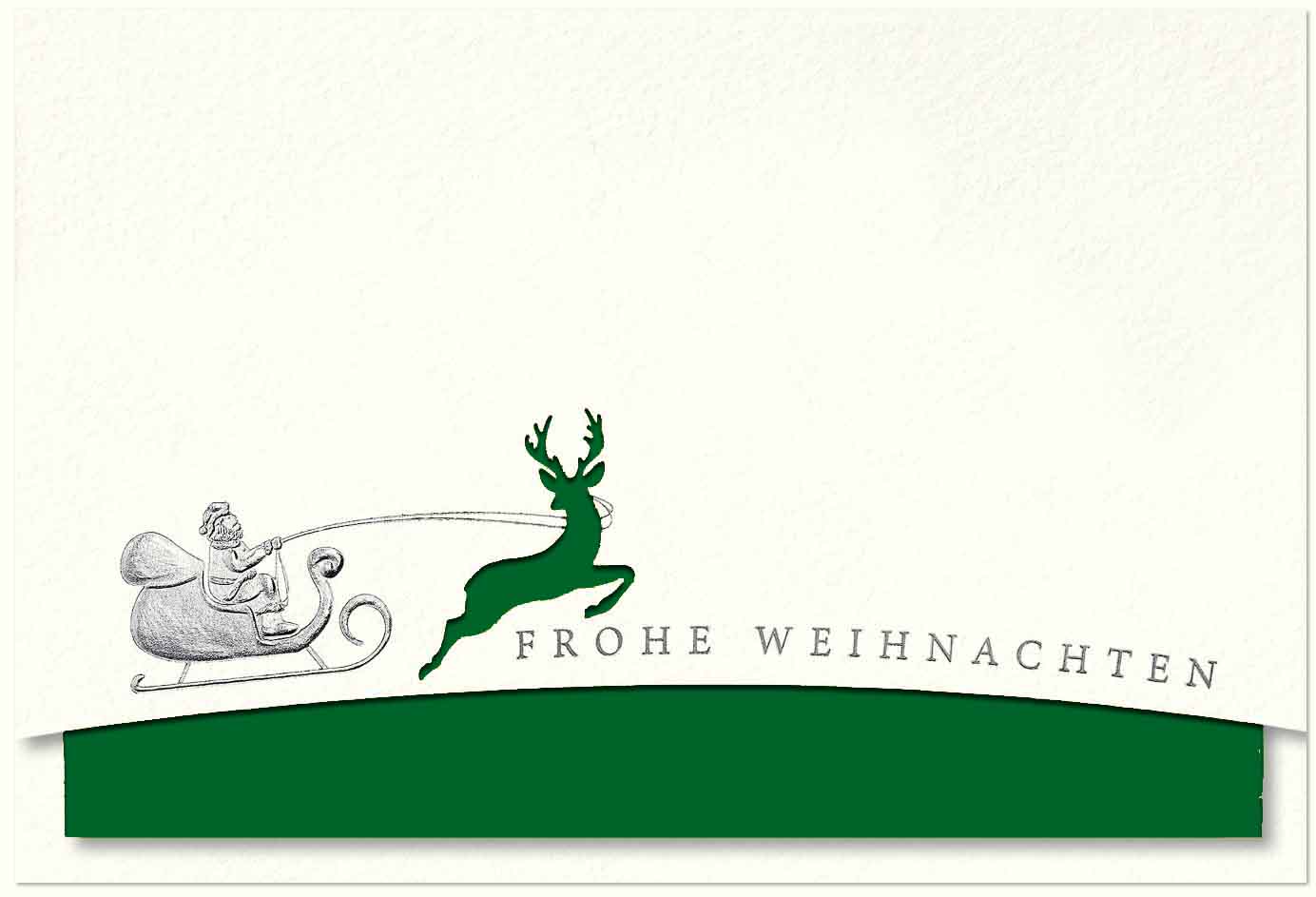 Naturweiße Weihnachtskarte mit springendem Hirsch, Stanzung und dunkelgrünem Einleger