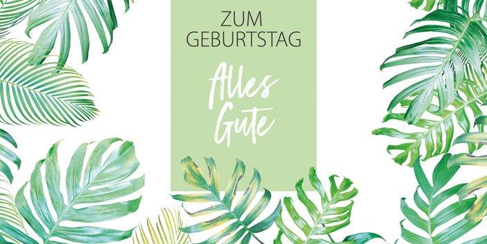 Geburtstags-Glückwunschkarte mit grünen Farnblättern und "Zum Geburtstag alles Gute"