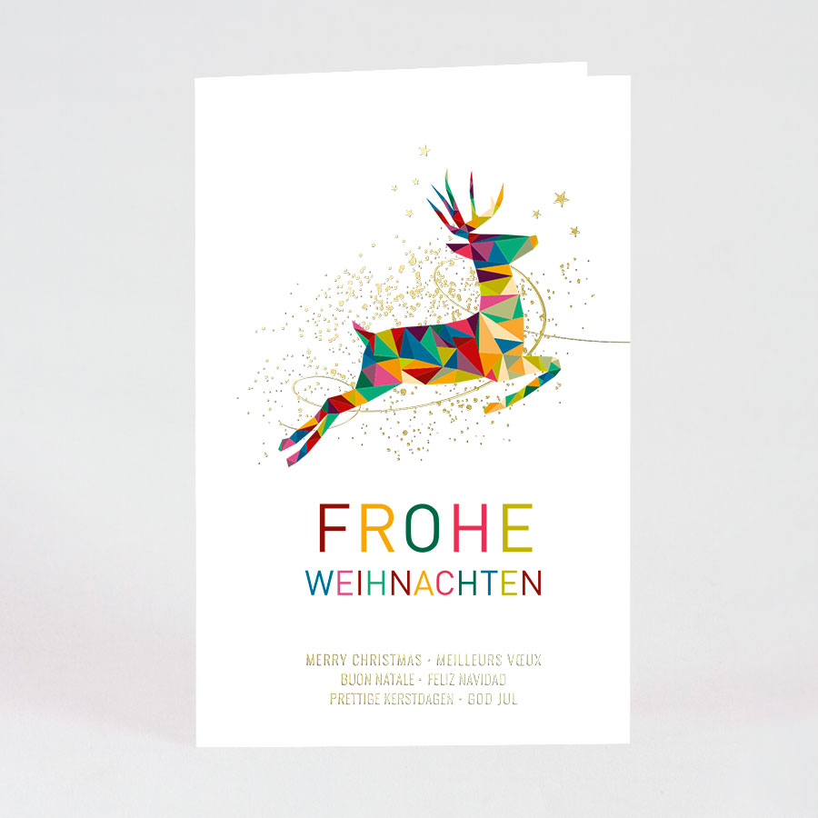 Moderner Weihnachtsgruß mit springendem Hirsch aus bunten Dreiecken, international