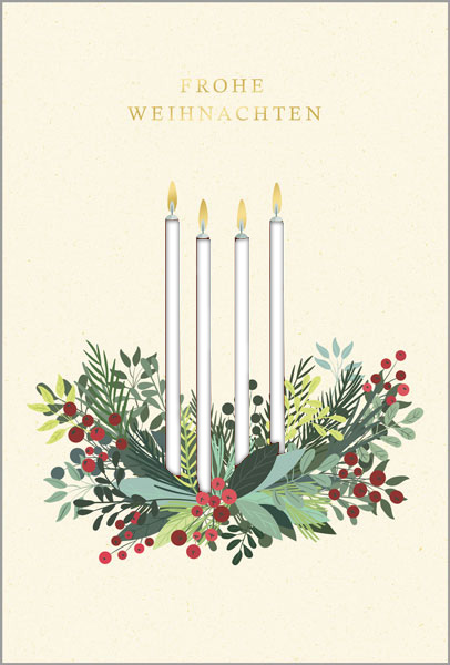 Weihnachtskarte mit Kerzen im floralen Gesteck, Weihnachtsgruß und Laserstanzung, Einleger weiss