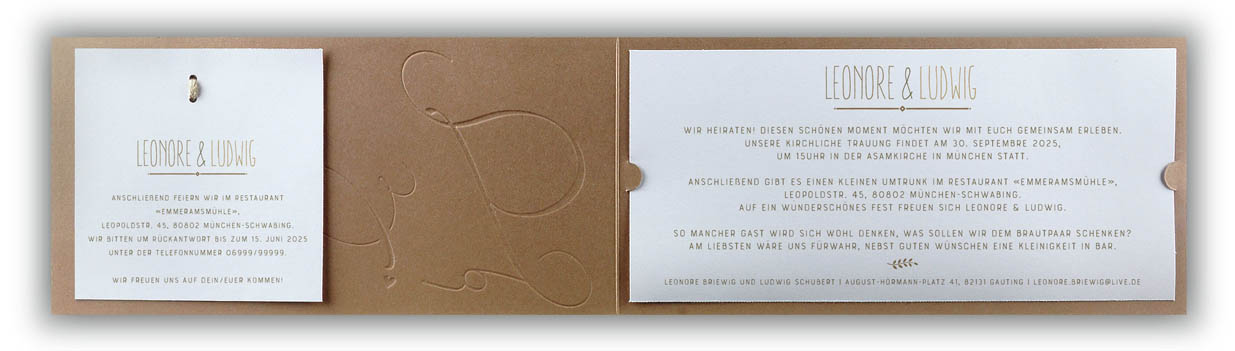 Innenansicht mit Beispieltext für eine Hochzeitseinladung von naturbrauner Hochzeitskarte mit "Ja!"