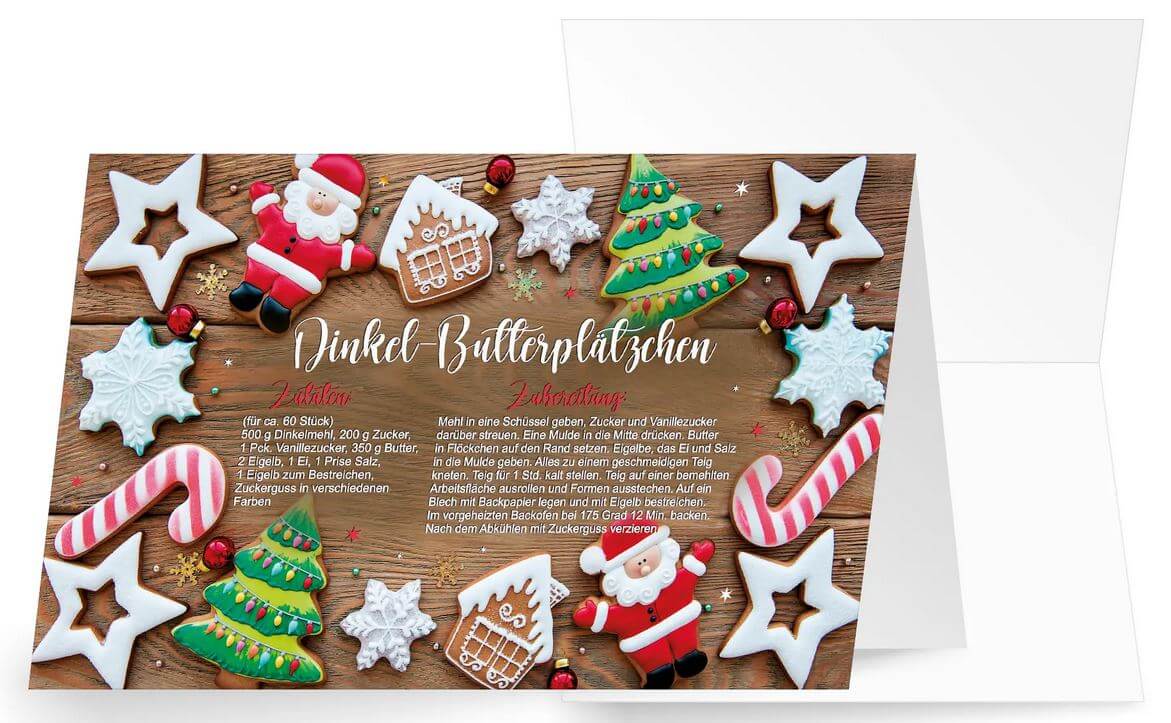 Weihnachtliche Rezeptkarte für Dinkel-Butterplätzchen mit Zutatenliste und Rezept