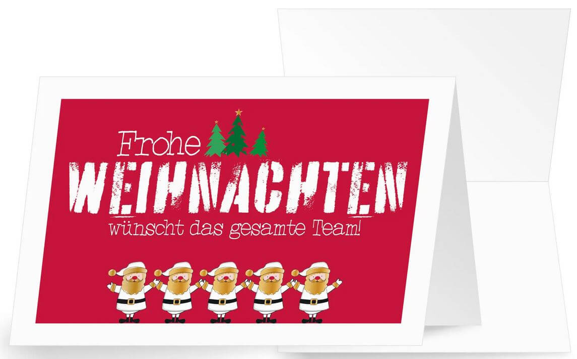 Rote Firmenweihnachtskarte im humorvollen Design mit putzigen Nikoläusen und Teamgruß