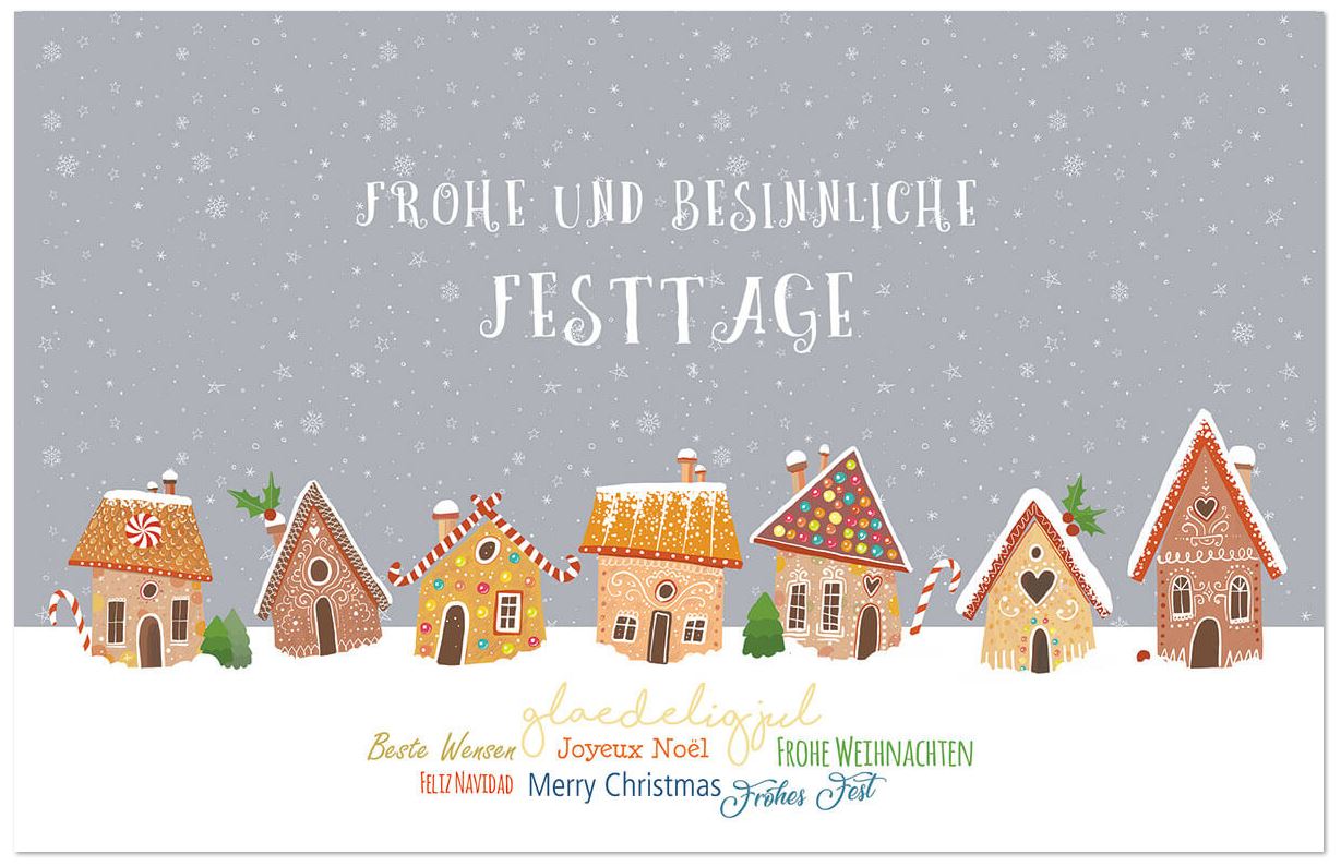 Fröhliche Weihnachtskarte mit bunten Lebkuchenhäusern und internationalen Grüßen