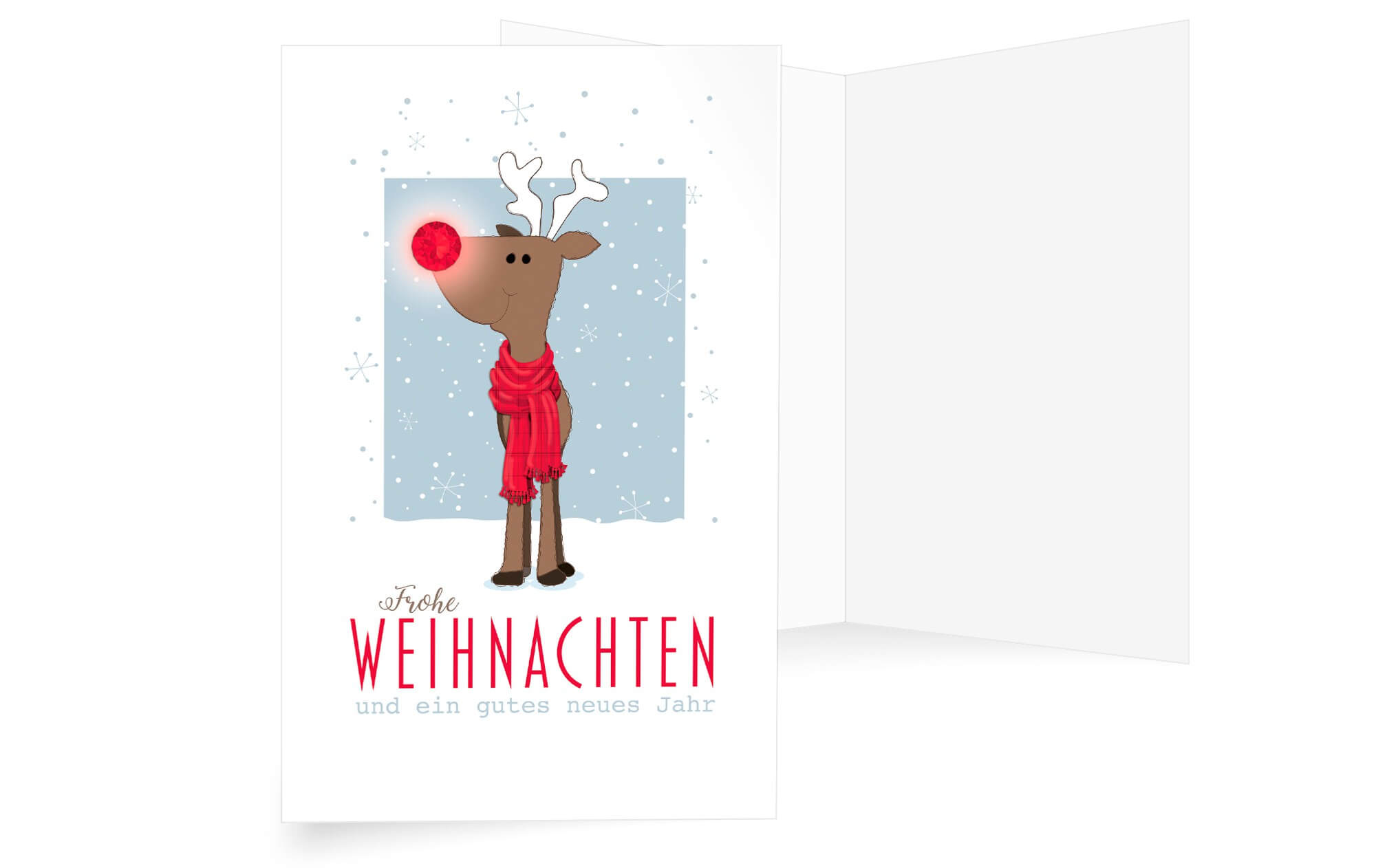 Lustige Weihnachtskarte mit Rudolf, dem Rentier mit leuchtend roter Nase und Schal.