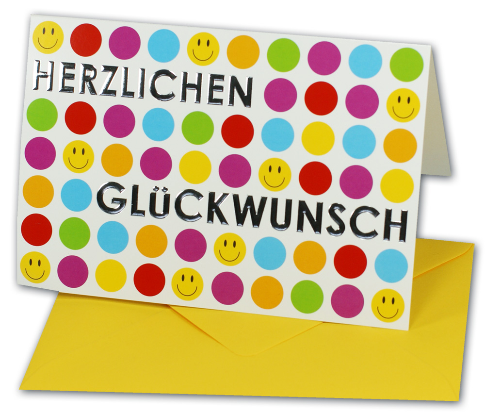 Fröhliche Glückwunschkarte als Klappkarte mit gelben Smileys, bunten Punkten und Herzlichen Glückwunsch in Silberfolienprägung