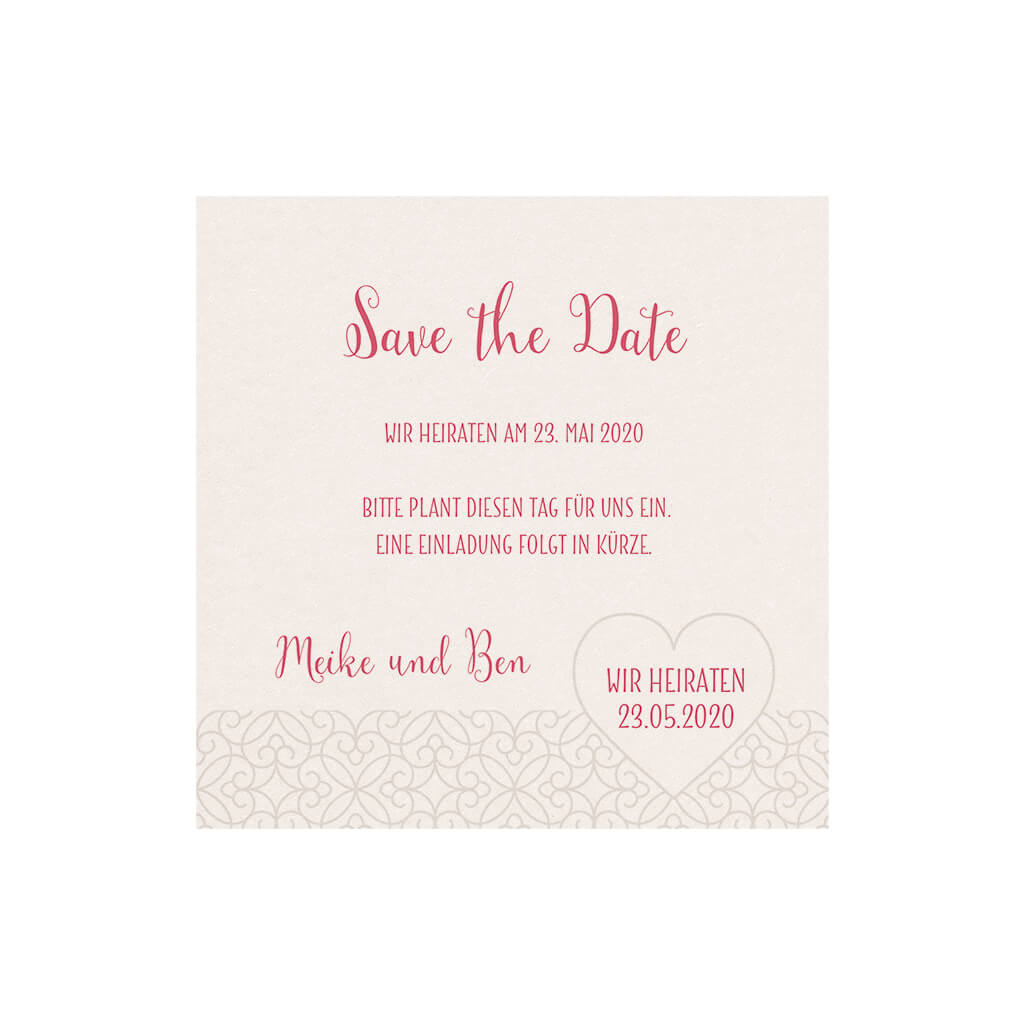 Perlmuttfarbene Save the Date oder Dankkarte mit Ornament und Herz