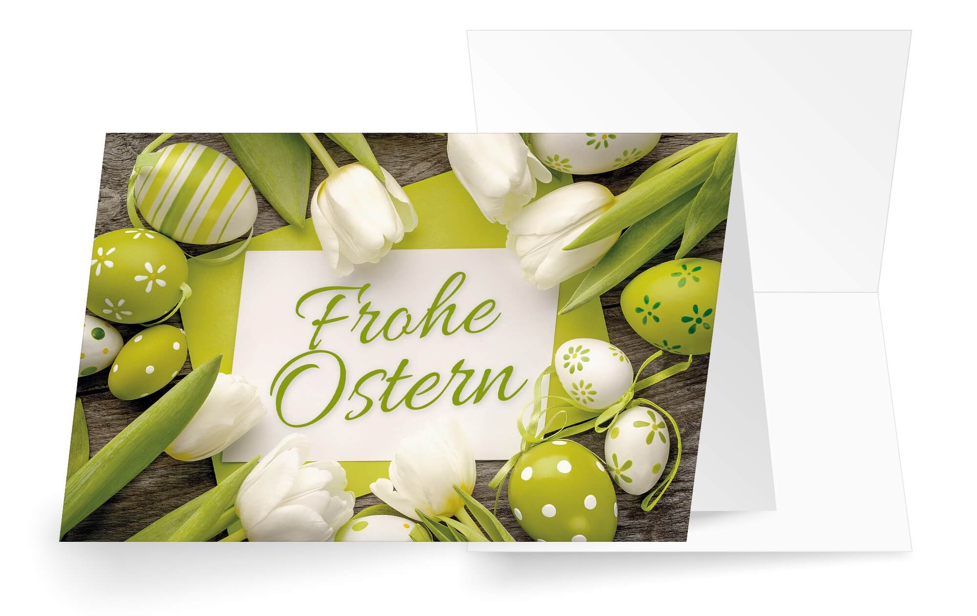 Frühlingsfrische Ostergrußkarte in grün-weiß mit Tulpen und Ostereiern