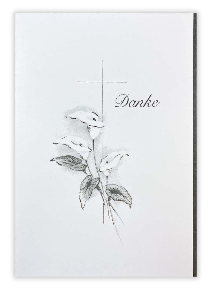 Trauer-Dankeskarte mit Kreuz, Kallablüte und Schriftzung "Danke" als Klappkarte im Hochformat