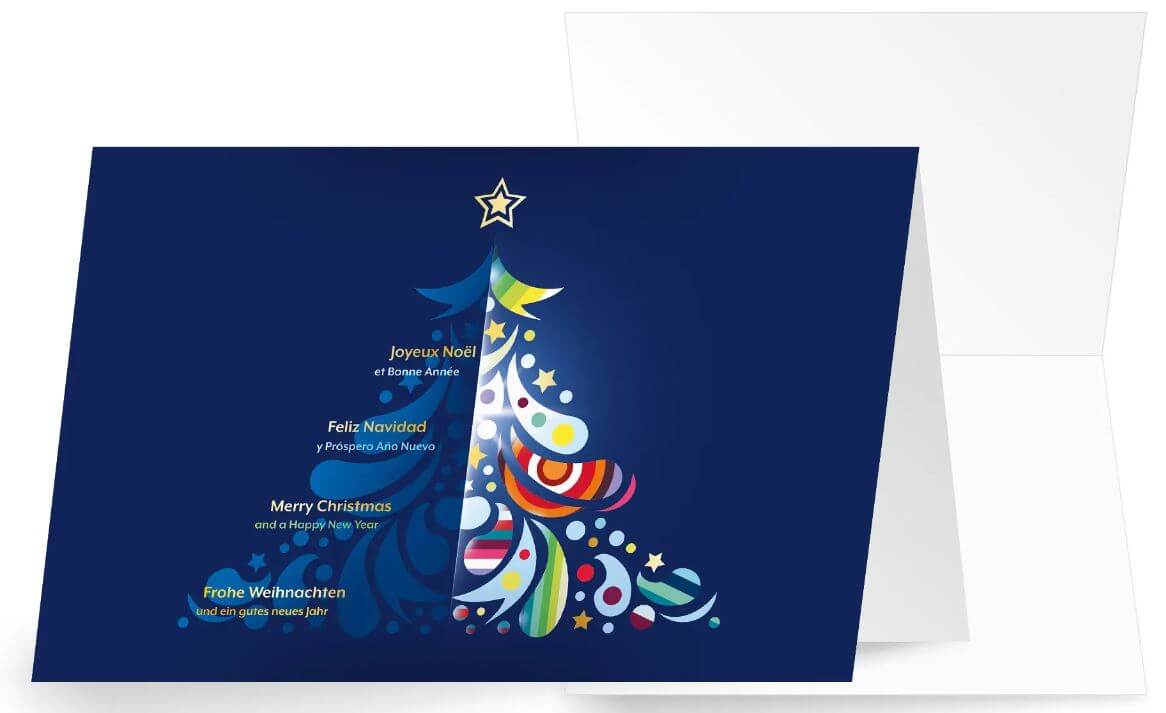 Internationale Weihnachtskarte im modernen Design in blau mit buntem Christbaum