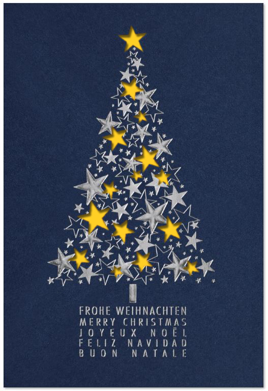 Dunkelblaue Weihnachtskarte mit Baum aus Sternen, mehrsprachig und Einlegeblatt in gelb