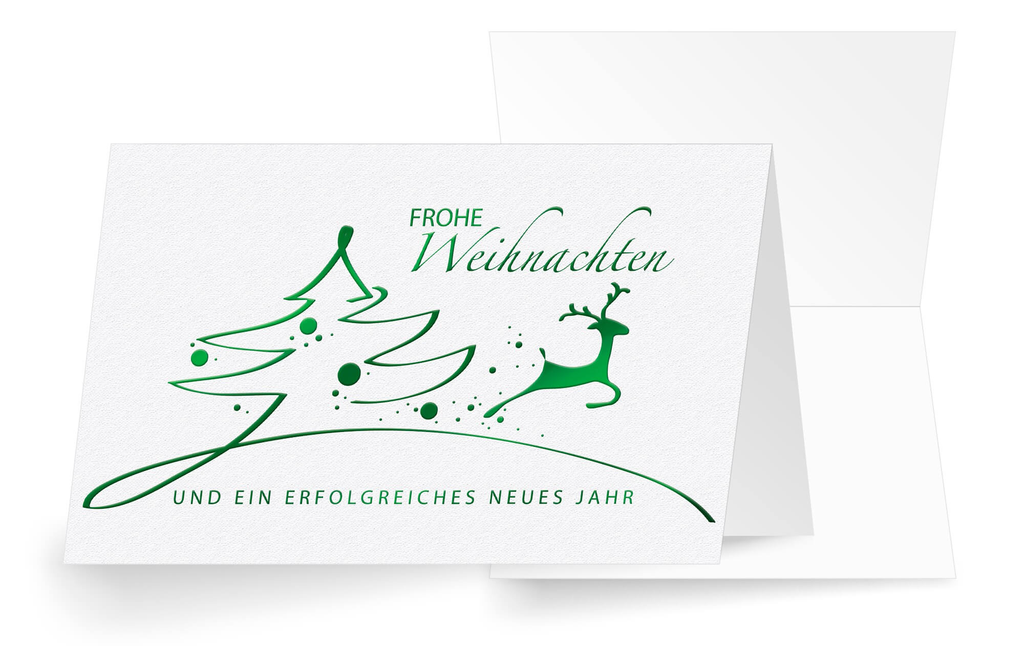 Geschäftliche Weihnachtskarte "Green Fantasy" mit grünem Hirsch, Weihnachtsbaum und Grüßen