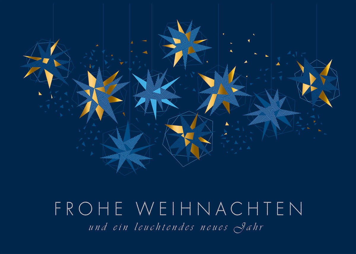 Dunkelblaue Weihnachtskarte mit Sternen, Weihnachts- und Neujahrsgruß