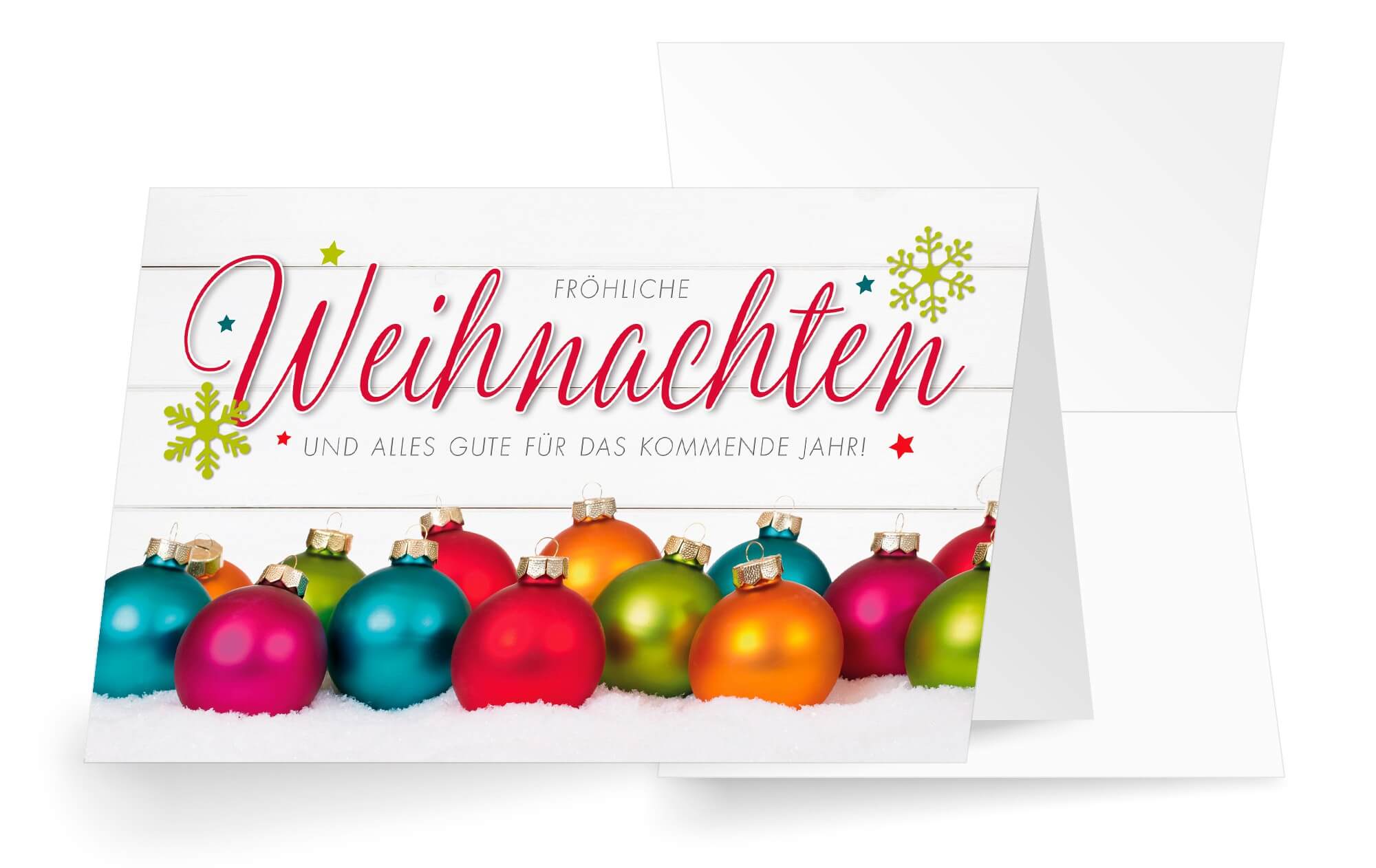 Farbenfrohe Weihnachtskarte mit bunten Christbaumkugeln zugunsten Ärzte ohne Grenzen