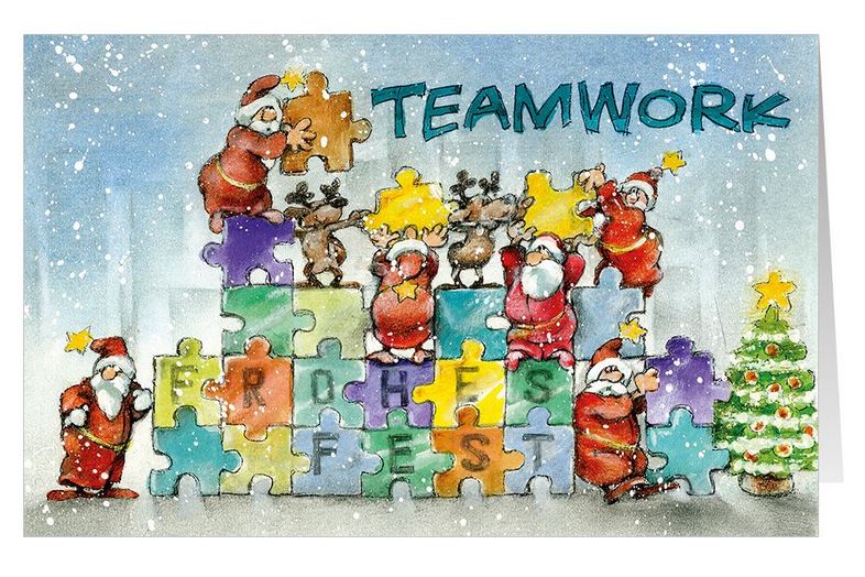 Bunte Weihnachtskarte "Teamwork" mit Puzzleteilen und Weihnachtsgruß "Frohes Fest"